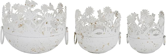 Vintage Metal Planter Set of 3, Rustic Distressed Flower Pots with Handles Farmhouse Floral Cutout Plant Containers for Indoor & Outdoor Garden Decor