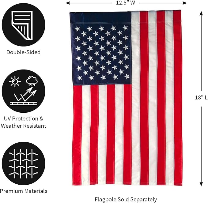 Evergreen Set of 2 American Flags 12x18 Double Sided | Patriotic House Flags For Outside | Small American Flag Garden Size | Embroidered Stars and Stripes | USA Residential or Commercial