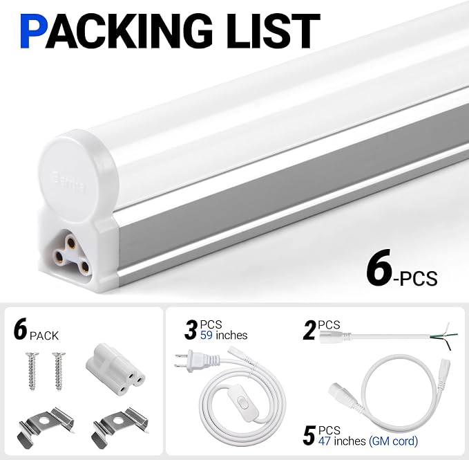 Barrina T5 3FT LED Shop Light, 1900lm, 5000K Daylight White, 16W Utility Light Fixture, Commercial Bay Light for Workshop Garage, Corded Electric with ON/Off Switch, 6 Packs