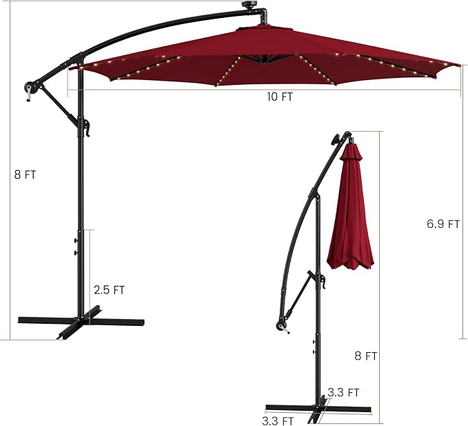 HAPPYGRILL 10FT Cantilever Patio Umbrella with Solar Lights, Outdoor Hanging Offset Umbrella with 112 LED Lights, Tilt Design, Crank Handle, Cross Base Stand for Garden Yard Deck