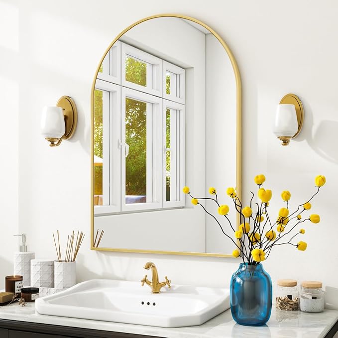 Arched Wall Mirror, 24 x 36 inch Arch Bathroom Mirror Gold | Wall Mounted Vanity Mirror with Arch Metal Frame, Modern Bathroom Vanity Mirror for Bedroom, Living Room, Hanging or Leaning