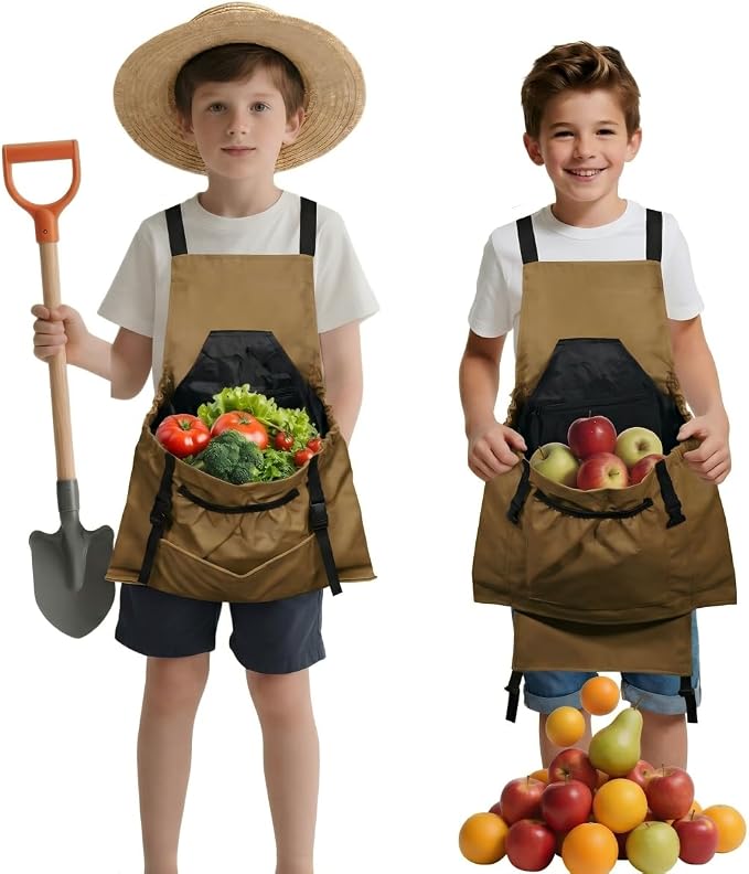 Kids Gardening Apron,Canvas Garden Apron with Pockets and Harvesting Pouch for 6-12 Grils and Boys