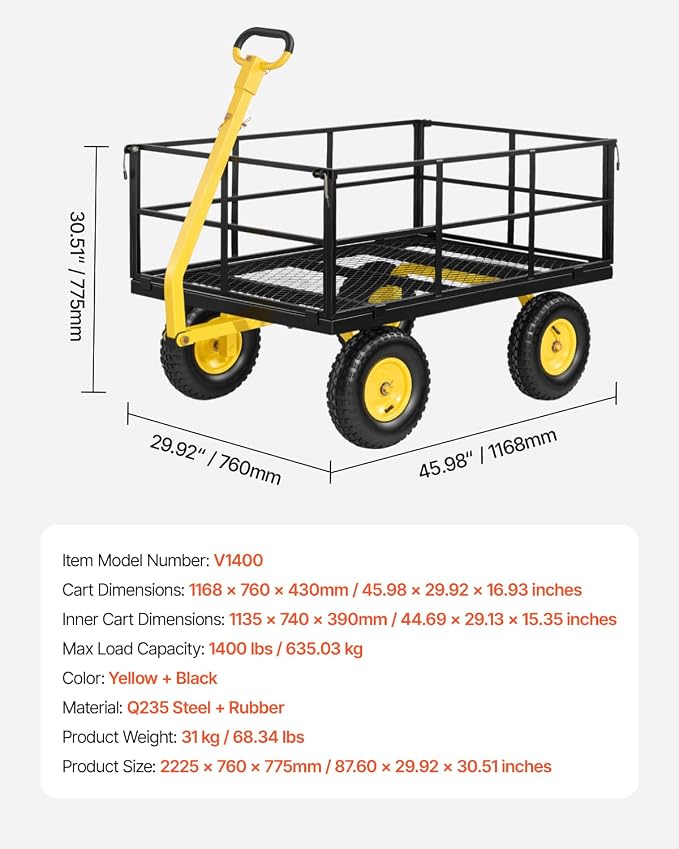 VEVOR Steel Garden Cart, 1400 lbs Heavy Duty Pullable Garden Wagon Yard Cart, 2 in 1 Outdoor Metal Utility Wagon Yard Trailer with 13" All Terrain Tires, Mesh Detachable Sides and 180° Rotating Handle