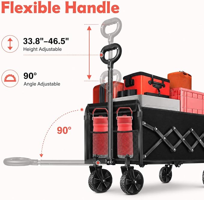 Collapsible Wagon Cart with Wheels, Compact 360 lb Folding Utility Wagon | 120L compact wagon with 360 lb support, 11 lb lightweight design, adjustable handle, 2 cup holders and all-terrain wheels