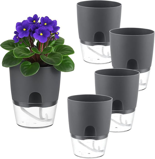 5 Pack Self Watering Pots for Indoor Plants, PlanterHoma 4 Inch Plant Pot Plastic Self Watering Planter for Orchid, African Violet, Small Clear Flower Pots with Drainage Holes and Wicking Rope, Grey