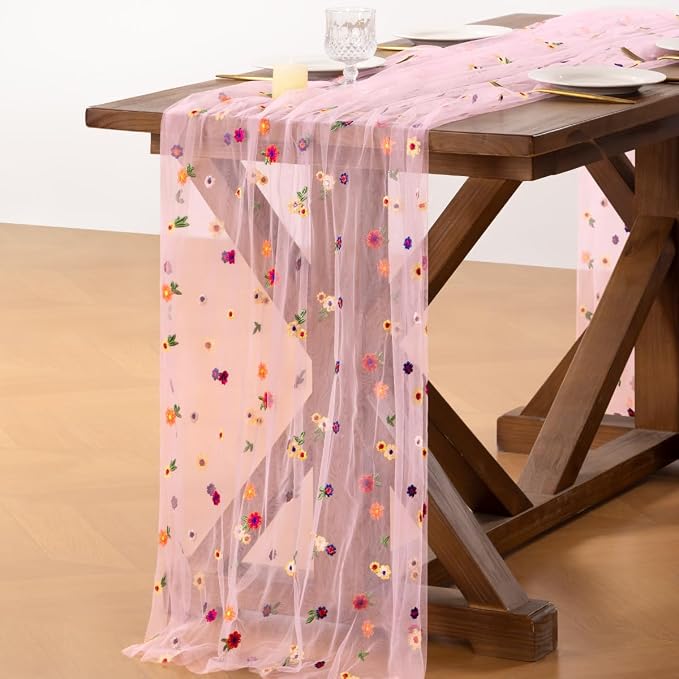 Socomi Flower Table Runner Summer Daisy Floral Tulle Gauze Cheesecloth Embroidery Table Runners for Tea Party Garden Wedding Bridal Baby Shower Birthday Picnic Decor Pink 3pcs