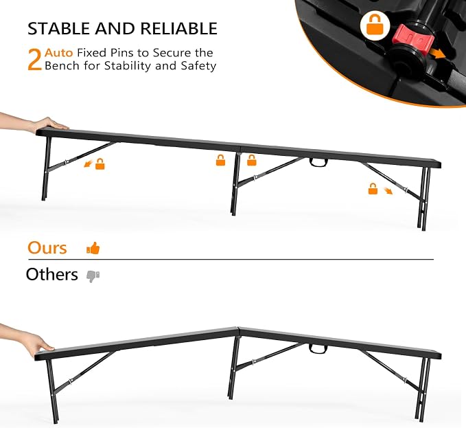 VINGLI 8 feet Plastic Folding Bench,Portable in/Outdoor Picnic Party Camping Dining Seat, Garden Soccer Multipurpose Entertaining Activities, Smooth HDPE Tabletop (1, Black, 8ft)