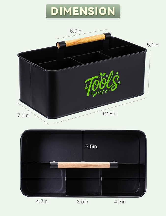 Gardening Tool Caddy, Garden Tool Basket with 4 Compartments, Metal Garden Caddy with Wooden Handle for Indoor & Outdoor