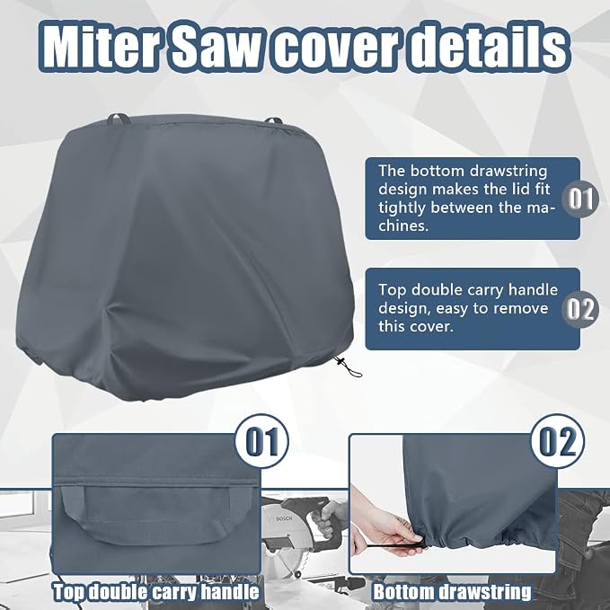 Miter Saw Cover, Waterproof Dust Cover for 10" and 12" Sliding Miter Saws | Gray, Dual Handles, Buckle Secure, Windproof Drawstring, 600D Oxford Fabric, Garage & Workshop Storage, Miter Saw Dust Cover