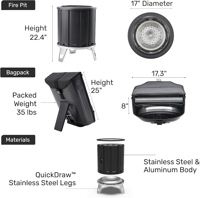 17” Portable Fire Pit for Camping - Collapsible & Folds Flat into Packable Carrying Case - Smokeless, Stainless Steel - Size Compares to Bonfire 19 - Perfect for Car, Overland Camping or RV