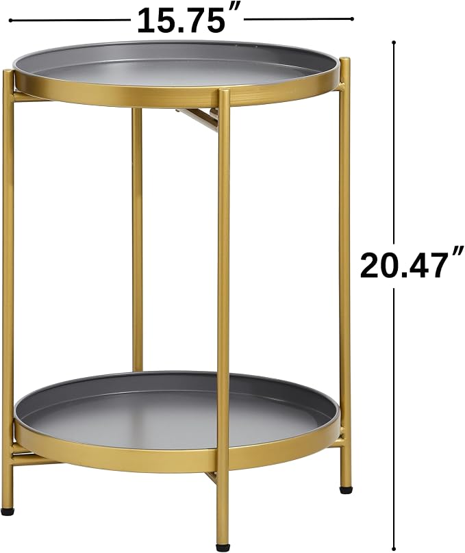 2-Tier Round End Side Table, Small Metal Side Table with Removable Tray, Folding Accent Tables for Living Room, Balcony, Nightstand for Bedroom, Outdoor Tables for Patio, Gold&Grey