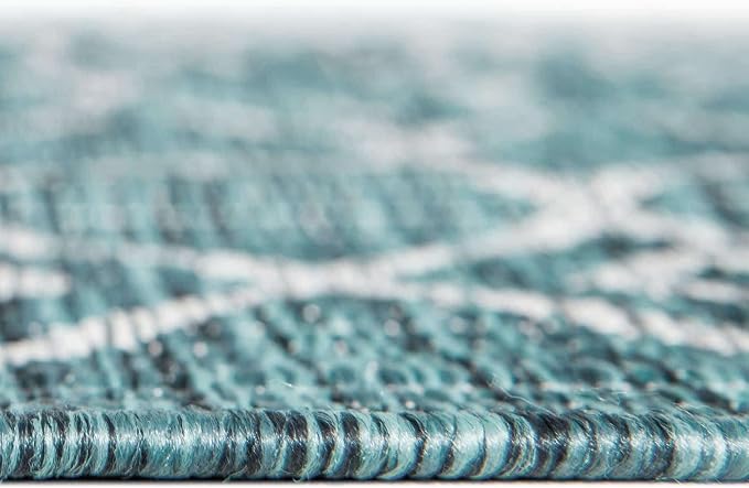 Unique Loom Outdoor Trellis Collection Area Rug - Tribal Trellis (5' 3" Square, Teal/ Ivory)