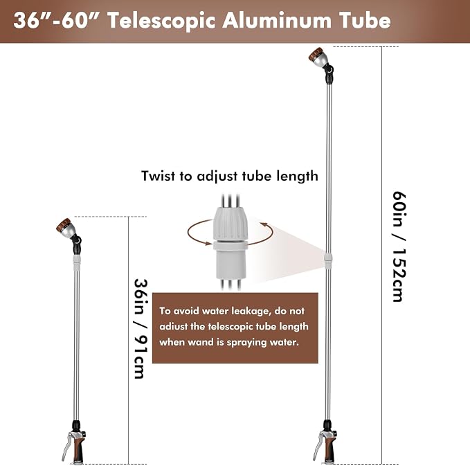 RESTMO 36”-60” Metal Watering Wand, Long Telescopic Tube | 180° Adjustable Ratcheting Head | 7 Spray Patterns | Flow Control, Perfect Garden Hose Sprayer to Water Hanging Baskets, Shrubs, Brown
