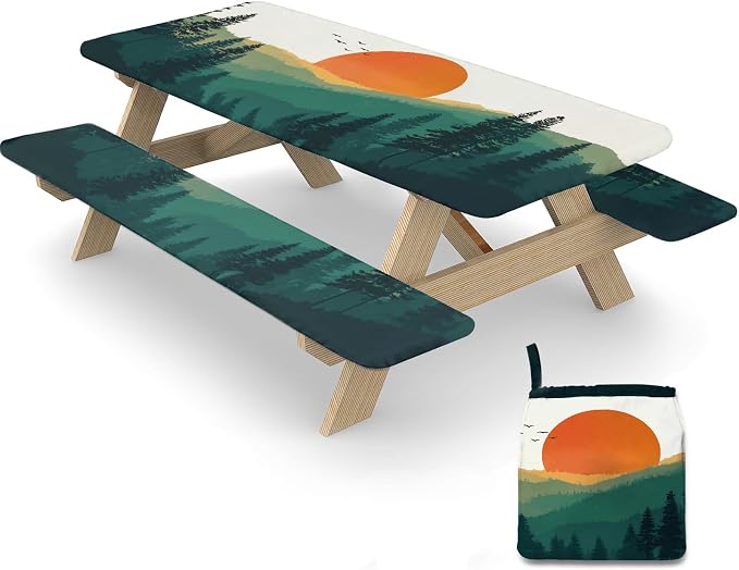 Picnic Table Cover with Bench Covers Elastic Edges, 3 Pcs Mountain View Fitted Table Cover with Drawstring Bag, Waterproof Windproof Aesthetic Camping Tablecloth, Outdoor Camping Essentials 72 Inch