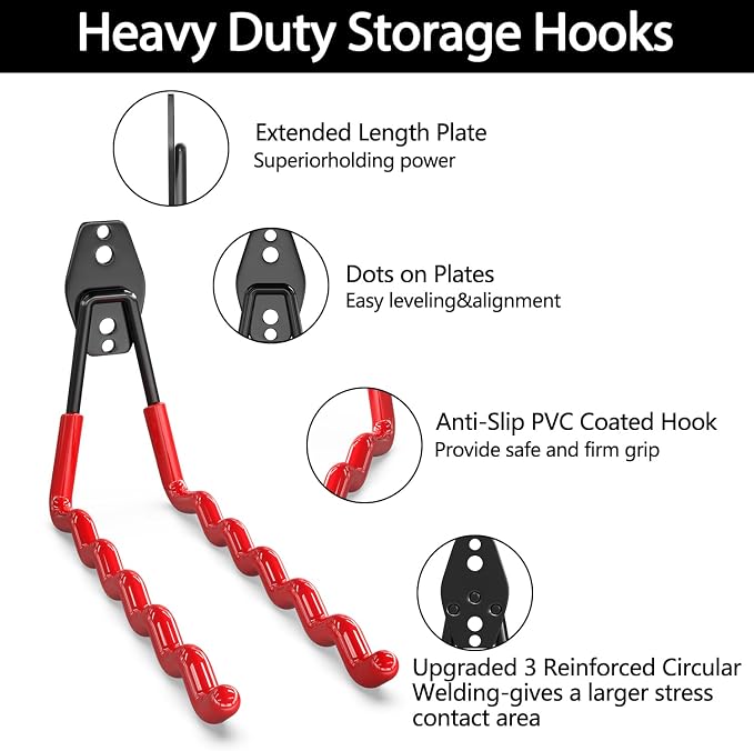 3-H Garage Wall Hooks 46 Pack,Garage Hooks Heavy Duty,Garage Storage Hooks for Hanging and Organizing Garden,Lawn,Yard Tools,Chairs,Ladders,Weed Eater,Shovel,Blower(Red)