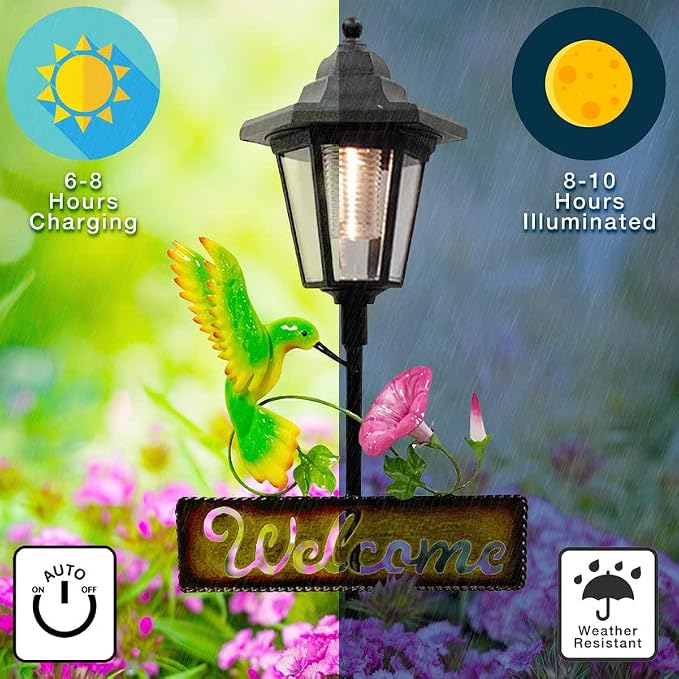 Crosslight Solar LED Hummingbird Welcome Sign - Weatherproof Garden Stake Light for Outdoor Decoration - Decor for Yard, Lawn, Patio, Pathway, Backyard | Warm White