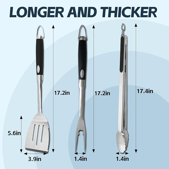 Heavy Duty Grilling Accessories Grill Tool Set 3-Piece SUS304 BBQ Utensils | Stainless Steel BBQ Utensils, Heat-Resistant Silicone Handle, Spatula, Tongs, Fork, For Outdoor Cooking