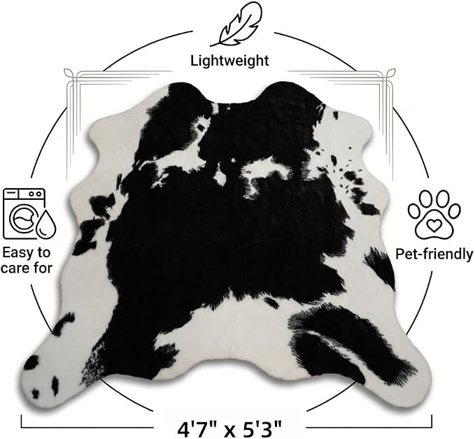 MustMat Cow Print Rug, Faux Cowhide Rug for Mid-Century Modern 4'7''×5'3'' | Black & White, Fits Living Rooms, Bedrooms. Matches Industrial & Minimalist Decor, Great For Holiday & Birthday Use