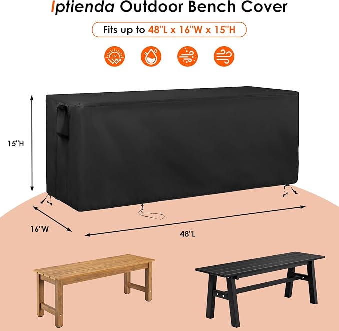 Outdoor Bench Cover for Backless Benches, 48 Inch Patio Bench Covers Waterproof Heavy Duty for Entryway Bench/Garden Benches, Black-48x16x15in