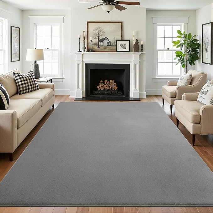 SHACOS Ultra Soft Faux Rabbit Fur Area Rug 6'x9', Non Slip Washable Padded Living Room Rugs, Fluffy Cozy Indoor Modern Carpet for Bedroom Dining Room Kids Room Dorm Home Decor, Grey