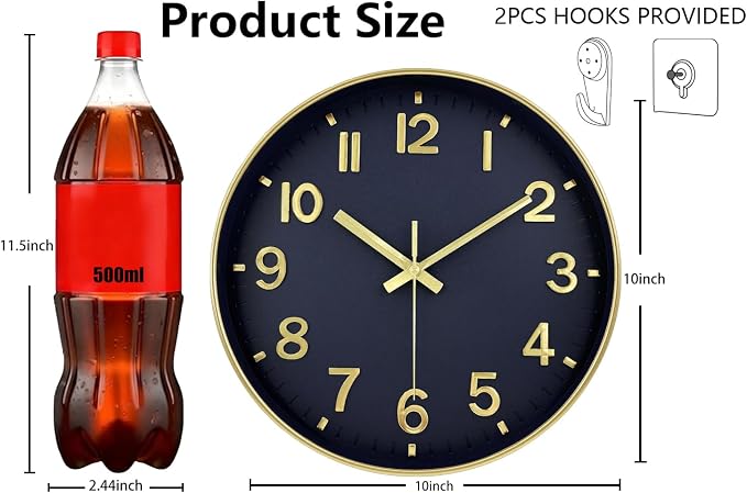 Modern Wall Clock, 10 Inch Digital Wall Clocks Battery Operated, Round Non Ticking Silent Analog Clock for Bedroom Living Room Kitchen Office Gym Classroom Decor, Gold Navy Blue Battery Clock