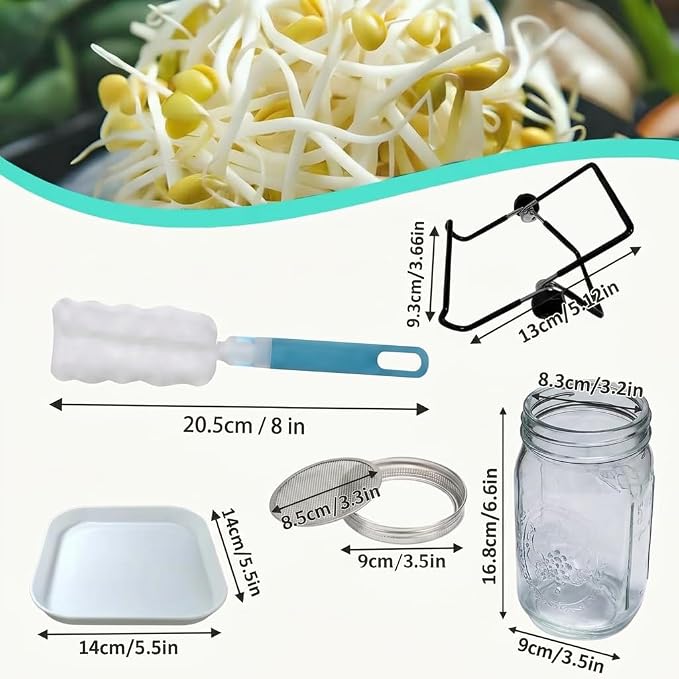 4 Pack Wide Mouth Sprouting Jar Kit, Lids, Stands, Trays & Cleaning Brushes | Glass Jar Set with with Stainless Steel Strainer Lids, Stand & Drip Tray (Seeds Not Included) – Easy to Rinse & Drain
