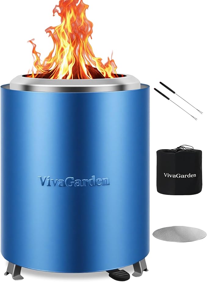 Portable Tabletop Fire Pit, VivaGarden Smokeless Table Top Fire Pit, Wood Burning & Pellets Outdoor Camping Stove with Carry Bag, Forks and Mat (9.7x7.1 Inch, Blue)