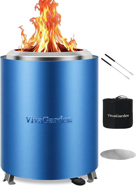 Portable Tabletop Fire Pit, VivaGarden Smokeless Table Top Fire Pit, Wood Burning & Pellets Outdoor Camping Stove with Carry Bag, Forks and Mat (9.7x7.1 Inch, Blue)