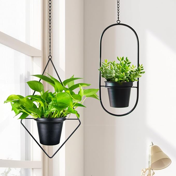 Modern Metal Hanging Planters Set of 2 - Geometric Diamond and Oval Plant Hangers with 5 inch Pots - Black Wall or Ceiling Mount Flower Holders for Indoor and Covered Outdoor Décor