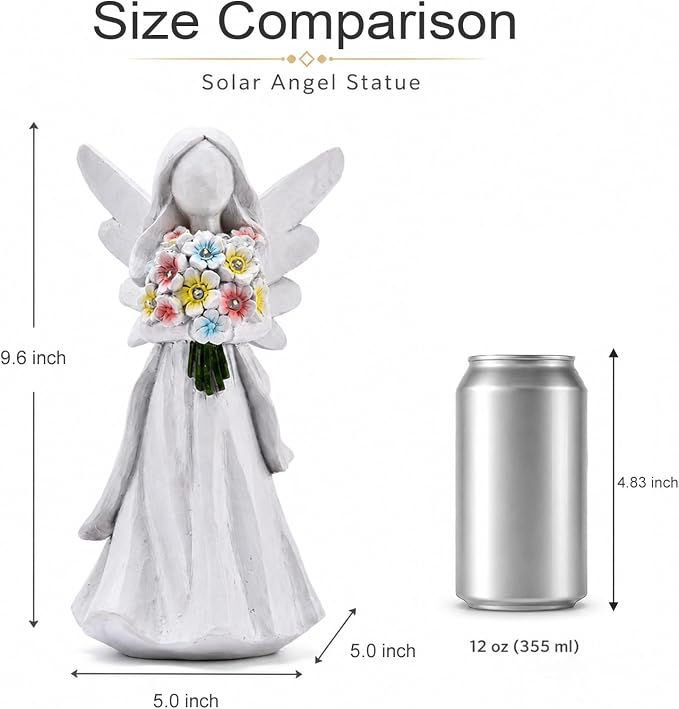Solar Angel Statue with Bouquet LED Light Garden Decor | Hand-held flower bouquet design, solar powered LED auto-on at dusk, gifts for mom grandma, for patio yard lawn porch