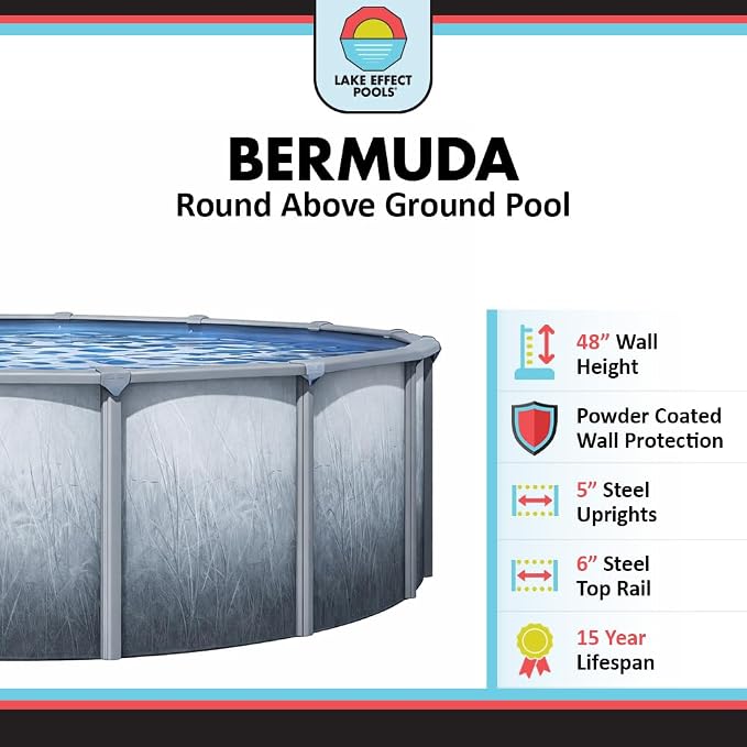 Lake Effect Pools 'Bermuda' 12 ft Round Above Ground Swimming Pool | 48 Inch Walls | 6" Steel Top Ledge | Bundle Includes: 25 Gauge Overlap Liner & Widemouth Skimmer