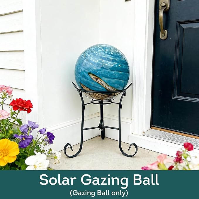 Lily's Home Gazing Ball - 7.68" Glass Globe with Solar Powered Lights - Outdoor Solar Lights for Yard & Patio - Garden Decor - Automatic On/Off Photosensitive Switch - Ocean Swirl