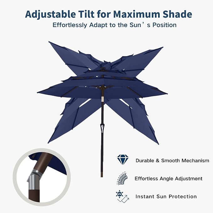 10FT Patio Umbrella 3 Tiers Outdoor Market Umbrella w/Push Button Tilt, Crank, UV and Waterproof Table Umbrella for Garden, Pool, Backyard, Deck, Lawn, Navy Blue