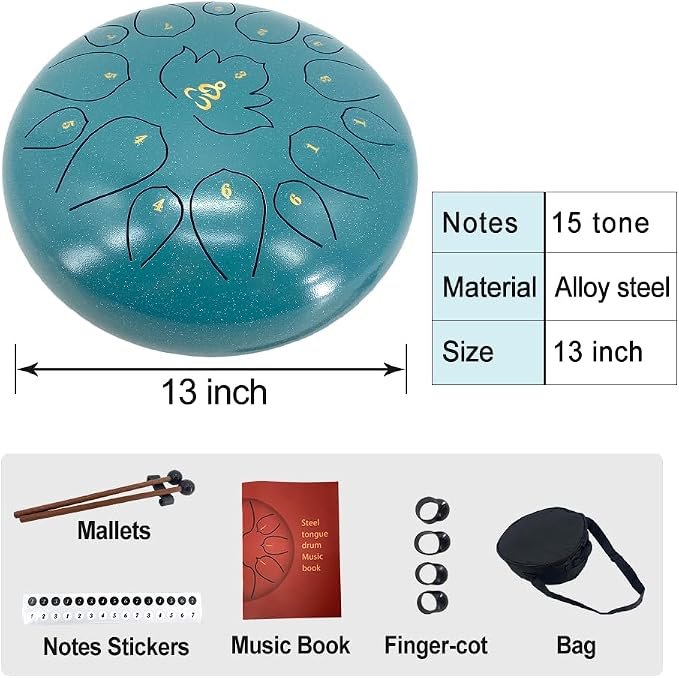 Rain Drum for Outside Garden,13 Inches 15 Notes Steel Tongue Drum with Mallets & Carry Bag Musical Instrument for Adults D Major