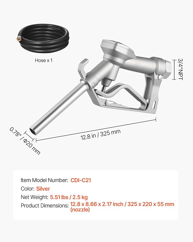 VEVOR 3/4-Inch NPT Fuel Nozzle with 10 ft Hose, Max Flow Rate 22.7 GPM, Diesel Gas Pump Nozzle with 2-Speed Trigger Lock & 0.78 in (OD=20 mm) Spout Used for Gasoline, Diesel, Kerosene, Silver