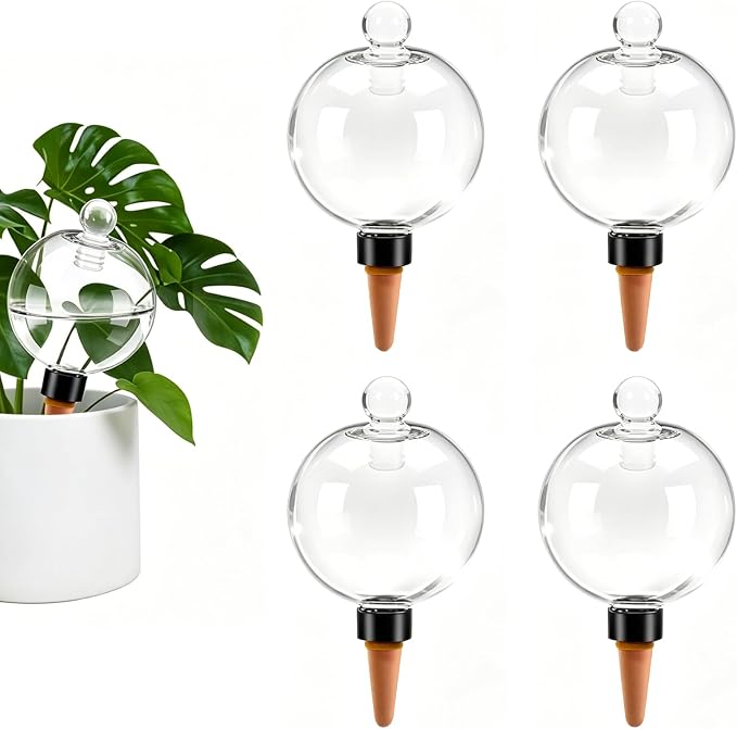 4pcs Plant Self Watering Globes with Covers, Plastic Water Bulbs Top Fill, Plant Watering Devices System Slow Release Terracotta, Water Spikes Stakes for Indoor (4)