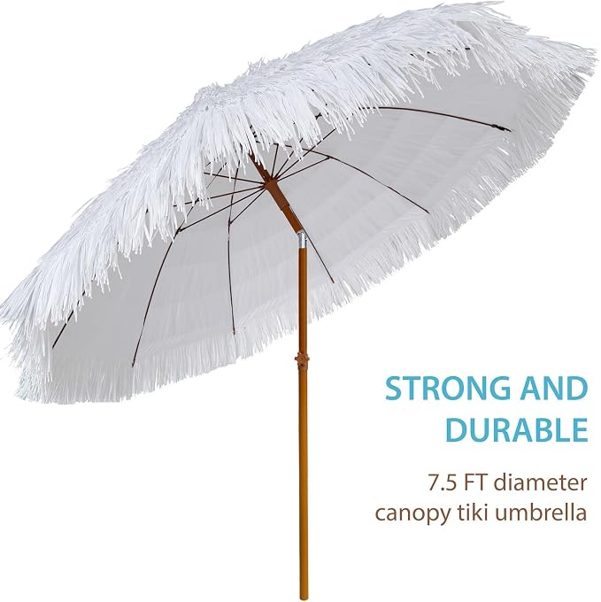 AMMSUN 7.5ft Hula Thatched Tiki Patio Beach Umbrella Hawaiian Style 10 Ribs UPF 50+ with Tilt Carry Bag for Outdoor Tiki Bar, Tropical Palapa, Patio Garden Beach Pool Backyard White
