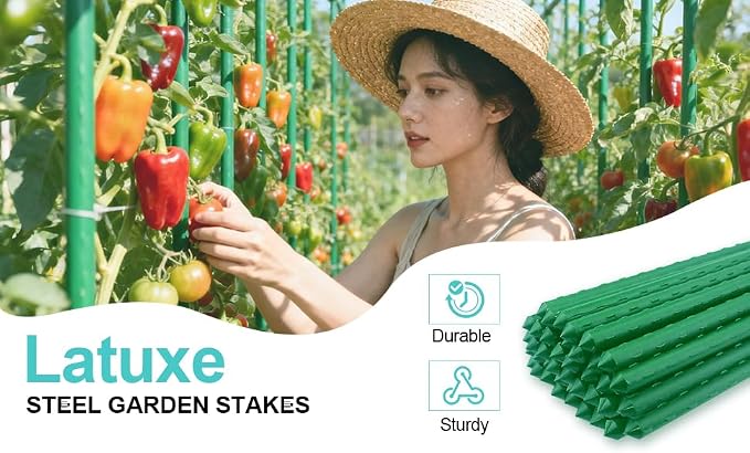 Garden Stakes 7FT, 25pcs Plastic Coated Steel Stakes Specifically Designed for Climbing Plants, Ideal for Tomatoes, Beans, Cucumbers, Peppers, Vines, and More Plant Growth