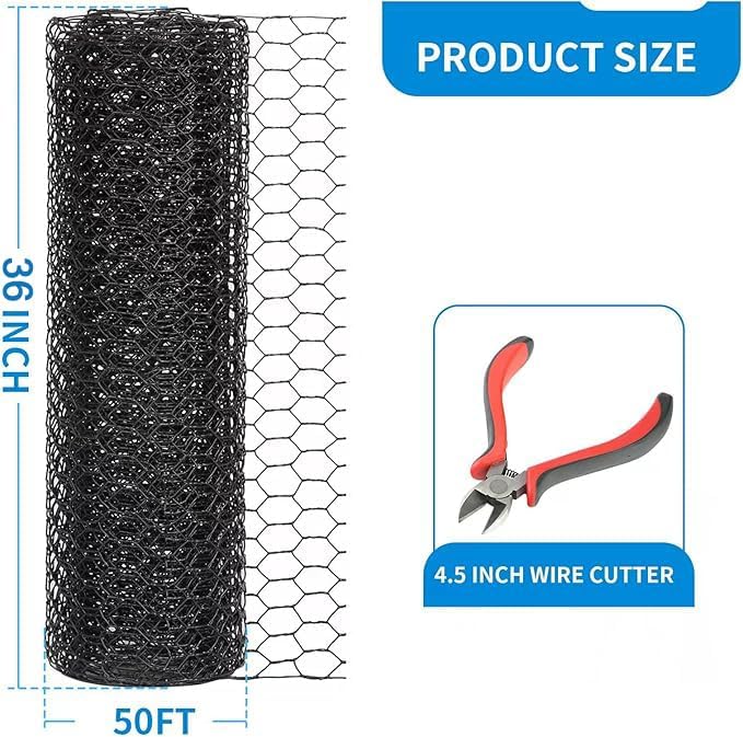 36'' x 50' Black Chicken Wire Fencing, 1 inch Chicken Wire and 19 Gauge Poultry Netting, Garden Mesh Fence Roll for Floral Arrangements/Crafts/Farm/Livestock/Pet Protection