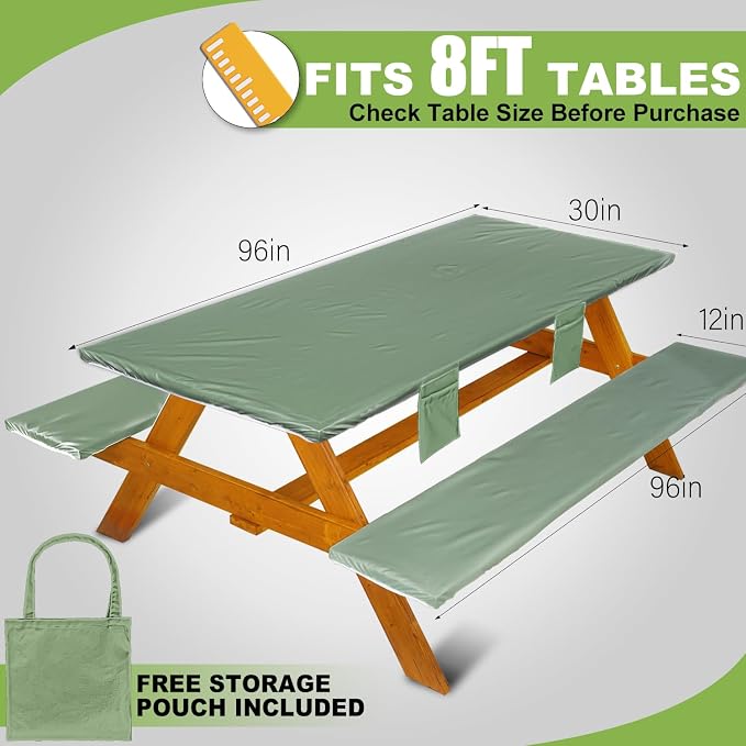 Wrakus Picnic Table Cover with Bench Covers Vinyl Elastic Edges Fitted Rectangle Seat Tables Waterproof 3-Piece96X30in Set Outdoor Rectangular Folding Backing Tablecloth for Camping Over Size