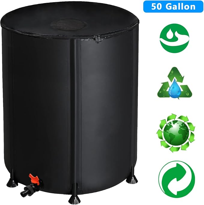50 Gallon Collapsible Rain Barrel, Portable Rainwater Collection System, Rain Catcher Barrel, Water Storage Tank with Two Spigots and Overflow Kit, Rain Water Barrel Collector for Garden, Black