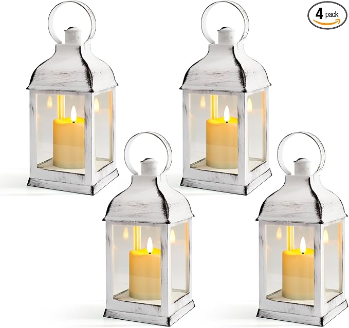White Vintage Lantern Decorative LED Flickering Flameless Candle with Timer, Battery Powered LED Decorative Hanging Lanterns for Indoor Outdoor Wedding Garden Yard Home Decor(4 Pack)