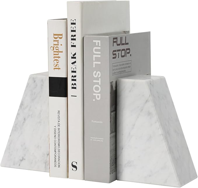 Marble Bookends for Shelves, Decorative Book Ends, 10lbs Heavy-Duty Marble Book Holders, Stone Bookshelf Decor, Carrara White
