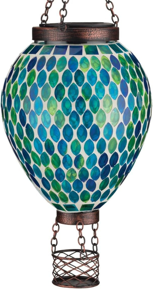 Regal Art & Gift Hot Air Balloon Solar Lantern – Hanging Solar-Powered LED Lights, Waterproof Portable Decorative Outdoor Lamp Made of Metal & Glass for Garden, Patios & Pathway - Mosaic Blue