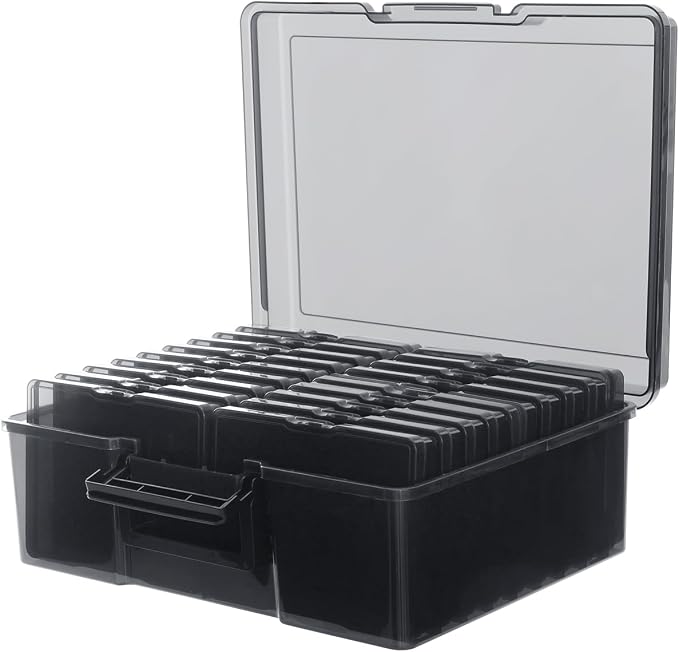 Photo Storage Box 5" x 7", 18 Inner Extra Large Photo Organizer Container, Plastic Craft Storage Box with Handle for Pictures Stickers Stamps Seeds