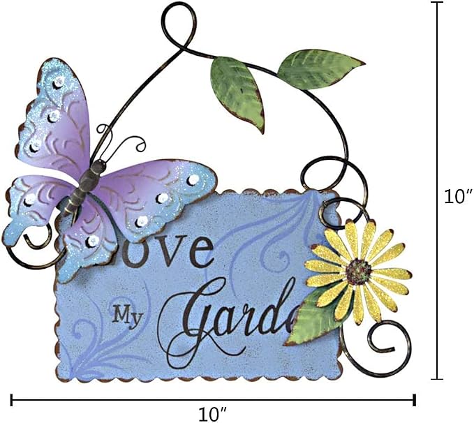 Linfevisi Metal Garden Welcome Sign Decor Rustic Hanging Plaque Decorative Garden Hanging Sign Love My Garden Door Sign with Butterfly Daisy Outdoor Front Porch Yard 10 Inch (Blue)