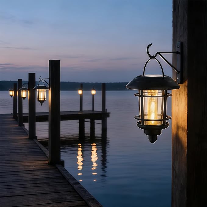 Dynaming 4 Pack Solar Lanterns Outdoor, Hanging Lantern Solar Garden Lights with Edison Bulb, Wall Mounted LED Light Auto On/Off, Waterproof for Garage Stair Patio Front Porch Yard, Warm White