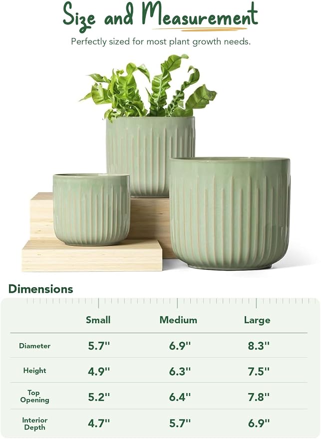 LE TAUCI Ceramic Pots for Plants, 8.3/7/6 Inch Indoor Planters with Drainage Holes & Mesh, Modern Glossy Glaze Cylinder Fluted Plant Pot for Snake Plant, Set of 3, Sage Green
