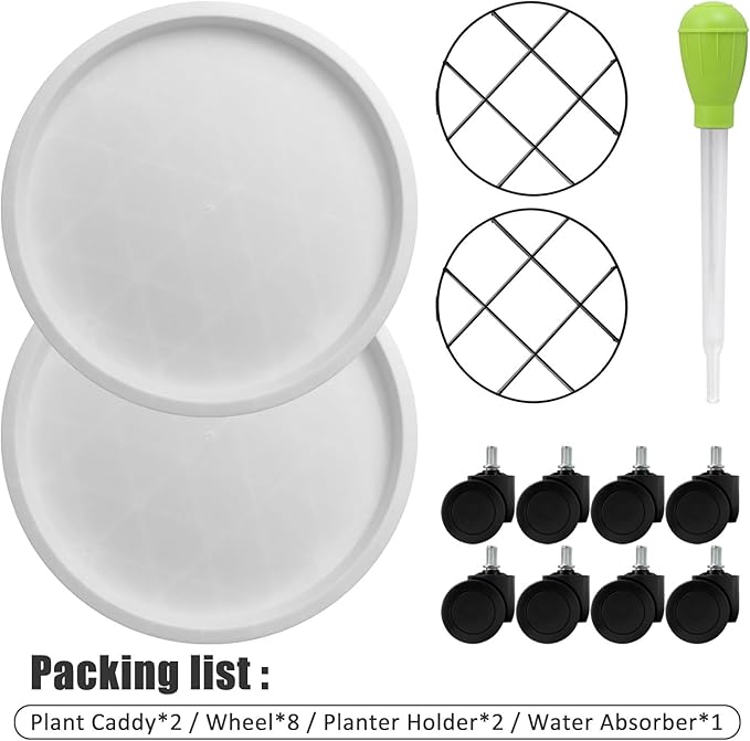 2Pack 13.98'' Plant Caddy with Wheels, Plant Stand Dolly for Heavy Planter,Wheeled Planter Saucer Tray,Rolling plant stand,Heavy-Duty Plant Caddy with Casters for Indoor and Outdoor(White)