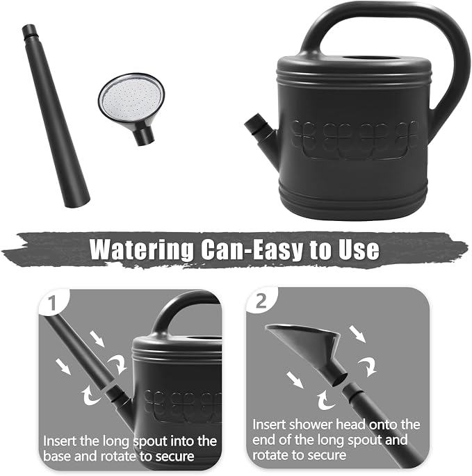2 Gallon Watering Can, Outdoor Watering Can for Plants, Garden Water Can with Removable Long Spout and Stainless Steel Sprinkler Head, Large Water Can for Greenhouse (Black, 2 Gallon)